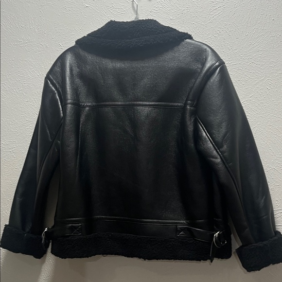 Black Faux Shearling Moto Biker Jacket Cropped Sherpa Lined - Picture 8 of 9